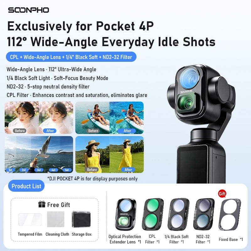 Soonpho Magnetic Filter Set DJI Pocket 4P Filter Set with Base CPL 1/4 Black Mist Lens Filter Set Sports Camera Accessories