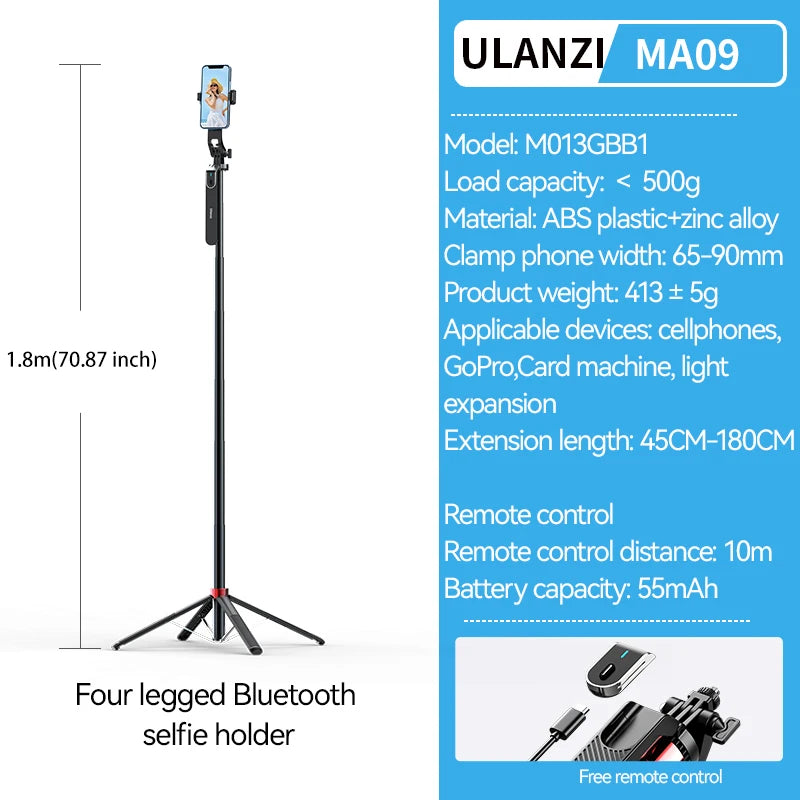 Ulanzi MA09 1.8m Selfie Stick Tripod for iPhone 17 15 Android Phone with Remote Control Panoramic Ball Head Holder U200 VL49 Kit